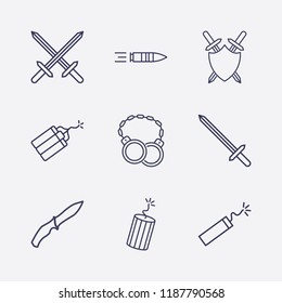 Outline 9 war icon set. sword shield, dynamite, shackles, soldier knife, sword and bullet vector illustration
