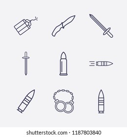 Outline 9 war icon set. bullet, dynamite, sword, shackles and soldier knife vector illustration