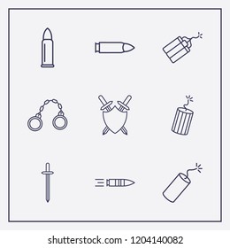 Outline 9 war icon set. sword shield, shackles, bullet and dynamite vector illustration