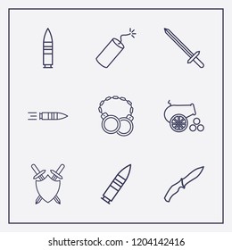 Outline 9 war icon set. bullet, shackles, soldier knife and dynamite vector illustration