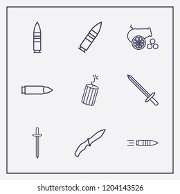 Outline 9 war icon set. dynamite, bullet, cannon and soldier knife vector illustration