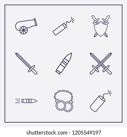 Outline 9 war icon set. dynamite, cannon, bullet and sword vector illustration