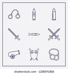 Outline 9 war icon set. cannon, sword shield, shackles and sword vector illustration