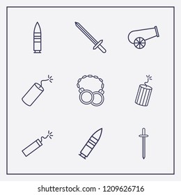 Outline 9 war icon set. dynamite, bullet, sword and cannon vector illustration