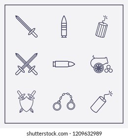 Outline 9 war icon set. cannon, dynamite, sword shield and bullet vector illustration