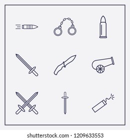 Outline 9 war icon set. soldier knife, sword, dynamite and cannon vector illustration