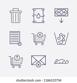 Outline 9 waste icon set. rat, bin, barrel oil, remove from cart, remove message, money down and remove document vector illustration