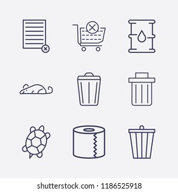 Outline 9 waste icon set. barrel oil, remove document, toilet paper, turtle, bin, remove from cart and rat vector illustration