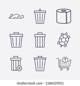 Outline 9 waste icon set. rat, bin, turtle, toilet paper, remove from cart and remove bin vector illustration