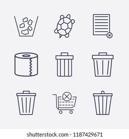 Outline 9 waste icon set. remove document, turtle, bin, remove from cart and toilet paper vector illustration