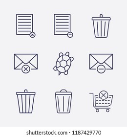 Outline 9 waste icon set. remove from cart, remove message, bin, turtle and remove document vector illustration