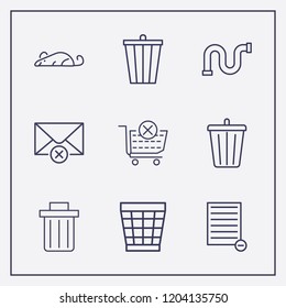 Outline 9 waste icon set. bin, remove from cart, remove document and remove message vector illustration