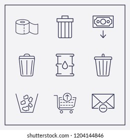 Outline 9 waste icon set. money down, toilet paper, barrel oil and remove message vector illustration