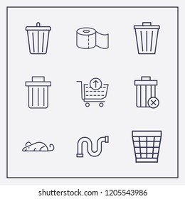 Outline 9 waste icon set. remove from cart, remove bin, rat and pipe vector illustration