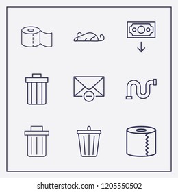Outline 9 waste icon set. money down, bin, toilet paper and pipe vector illustration
