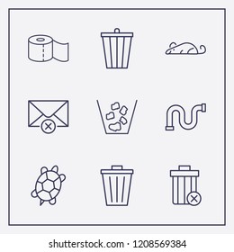 Outline 9 waste icon set. rat, toilet paper, remove bin and remove message vector illustration