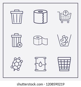 Outline 9 waste icon set. bin, barrel oil, turtle and toilet paper vector illustration