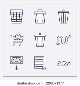 Outline 9 waste icon set. bin, pipe, remove document and remove from cart vector illustration