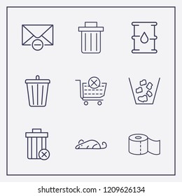 Outline 9 waste icon set. bin, remove bin, remove message and toilet paper vector illustration