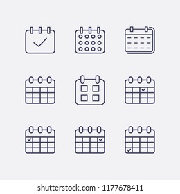 Outline 9 week icon set. calendar check and calendar vector illustration