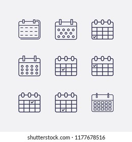 Outline 9 week icon set. calendar check and calendar vector illustration