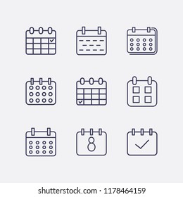 Outline 9 week icon set. calendar check and calendar vector illustration