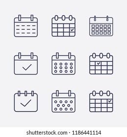 Outline 9 week icon set. calendar check and calendar vector illustration