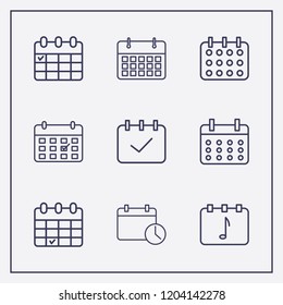 Outline 9 week icon set. calendar check, calendar and calendar time vector illustration