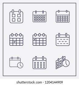 Outline 9 week icon set. calendar check, calendar time and calendar vector illustration