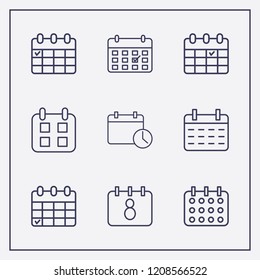 Outline 9 week icon set. calendar and calendar time vector illustration