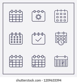 Outline 9 week icon set. calendar and calendar check vector illustration