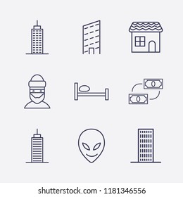 Outline 9 window icon set. house, alien, bed, building, money exchange and thief vector illustration