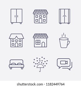 Outline 9 window icon set. house, love rain, video chat, hot cup, bed, wardrobe and comod vector illustration