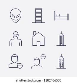 Outline 9 window icon set. thief, remove user, bed, building, house and alien vector illustration