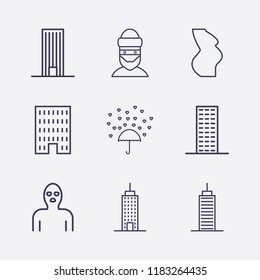 Outline 9 window icon set. pregnant, thief, love rain and building vector illustration