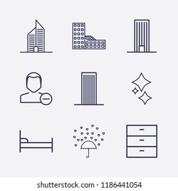 Outline 9 window icon set. bed, clean, building, comod, love rain and remove user vector illustration