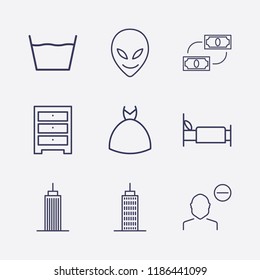 Outline 9 window icon set. laundry, alien, money exchange, building, wedding dress, bed, comod and remove user vector illustration