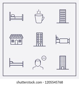 Outline 9 window icon set. hot cup, house, bed and building vector illustration