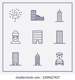 Outline 9 window icon set. car wash, love rain, building and thief vector illustration