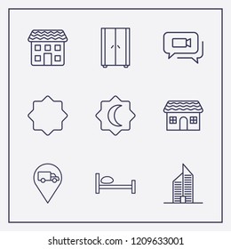 Outline 9 window icon set. wardrobe, rub el hizb, video chat and building vector illustration