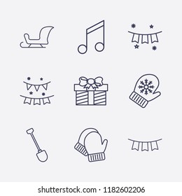 Outline 9 winter icon set. melody, gift, shovel, garlands, sleigh, garland and winter glove vector illustration
