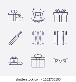 Outline 9 winter icon set. medicine thermometer, ski sticks, garland, garlands, gift and sled in gift vector illustration