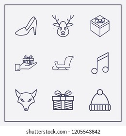 Outline 9 winter icon set. winter hat, hand with gift box, sleigh and gift vector illustration