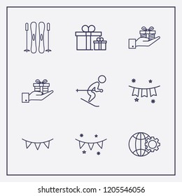 Outline 9 winter icon set. garlands, gift, skiing and garland vector illustration