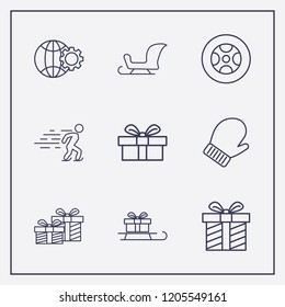 Outline 9 winter icon set. sled in gift, globe setting, ice skating and tire vector illustration