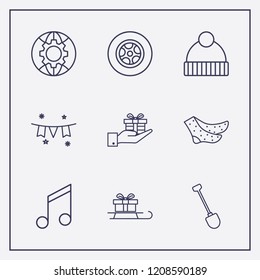 Outline 9 winter icon set. shovel, globe setting, sock and winter hat vector illustration