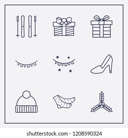 Outline 9 winter icon set. gift, ski sticks, winter hat and steep heel vector illustration