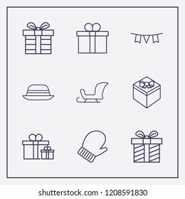 Outline 9 winter icon set. gift, winter glove, sleigh and garlands vector illustration