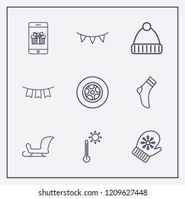 Outline 9 winter icon set. winter hat, sleigh, tire and thermometer vector illustration