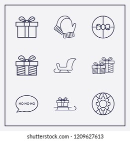 Outline 9 winter icon set. speech bubble with ho ho ho, sled in gift, globe setting and sleigh vector illustration